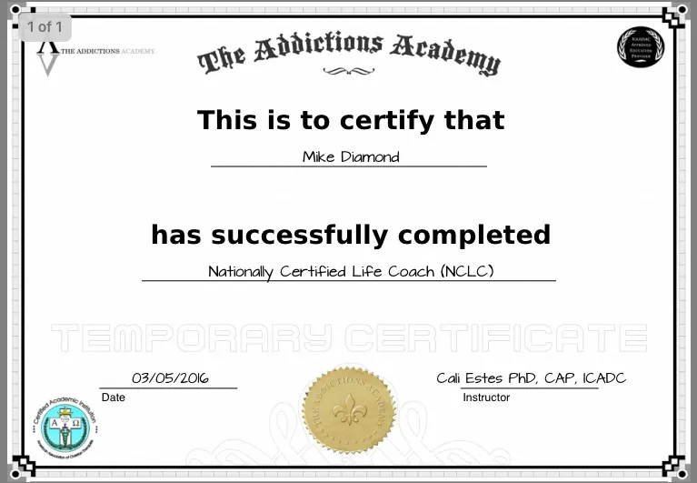 Mike Diamond — Addictions Academy Certificate